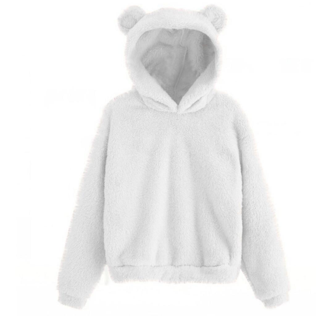 Mode Femme Manches Longues Couleur Unie Polaire Oreilles Capuche Chaud Pull Sweat-shirt