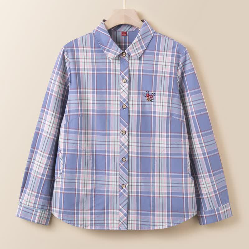 YUZHAOLIN Women's Plaid 100% Cotton Embroidered Long Sleeve Shirt