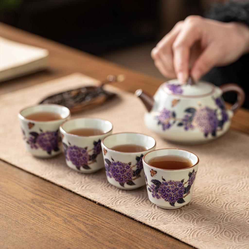 Hydrangea Blossom Shi Piao Ceramic Tea Set: Color-Changing Teapot & Teacups