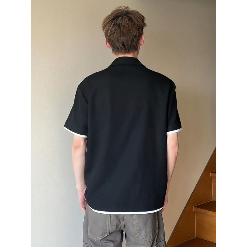 Men Casual Contrast Trim Polo Shirt Short Sleeve V Neck Loose Fit Daily Office Wear