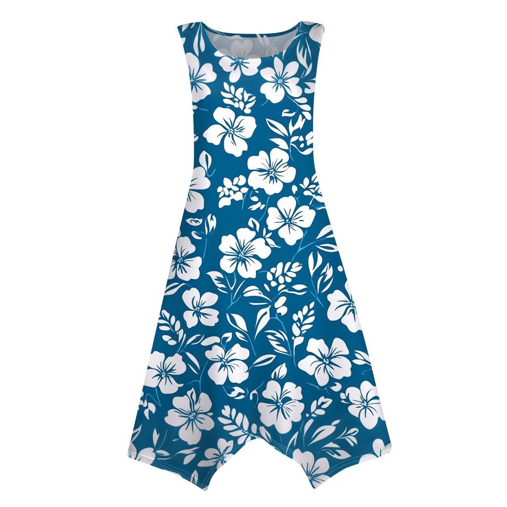 Women's Casual Fashion Round Neck Sleeveless Floral Print Irregular Hem Midi Dress