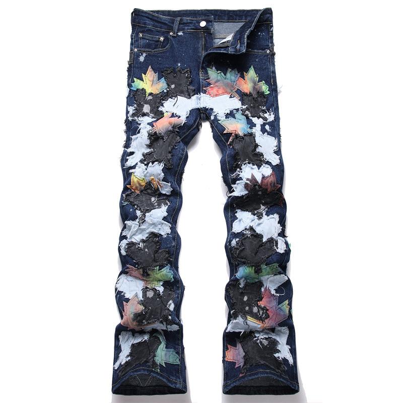 In-stock 2025 New Style Slim Straight Denim Jeans Five-pointed Star Teen Blue Mens Elastic Denim Trousers 3877
