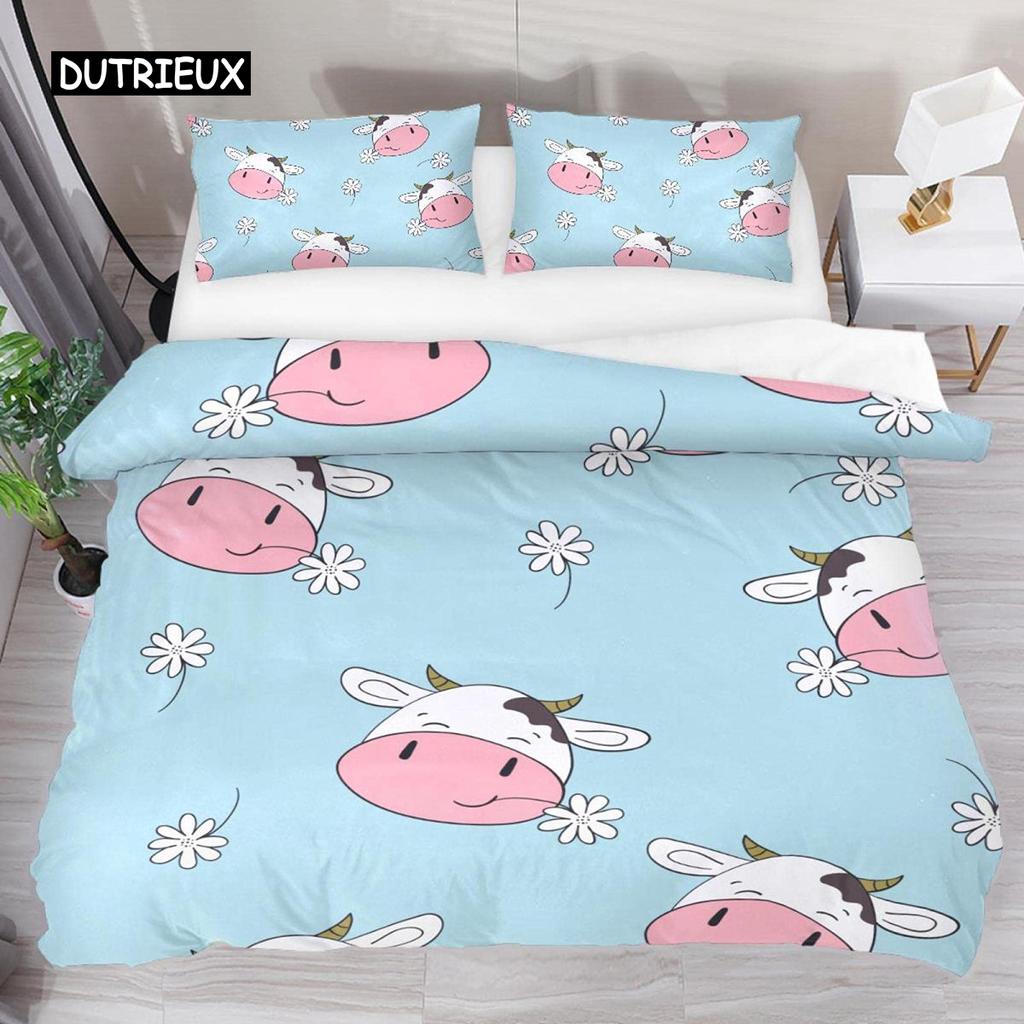 Conjunto de capa de edredom com estampa de vaca, desenho animado de vaca, fazenda, criação de animais, poliéster, conjunto de capa de edredom, casal, queen, king size