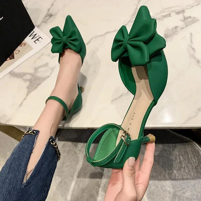 

fashion Summer Women s Shoes Fashion Low Heels Bow-knot Pointed Sandals Sexy Baotou Stiletto Party Light Sandalias De Mujer 2024 34 бежевый