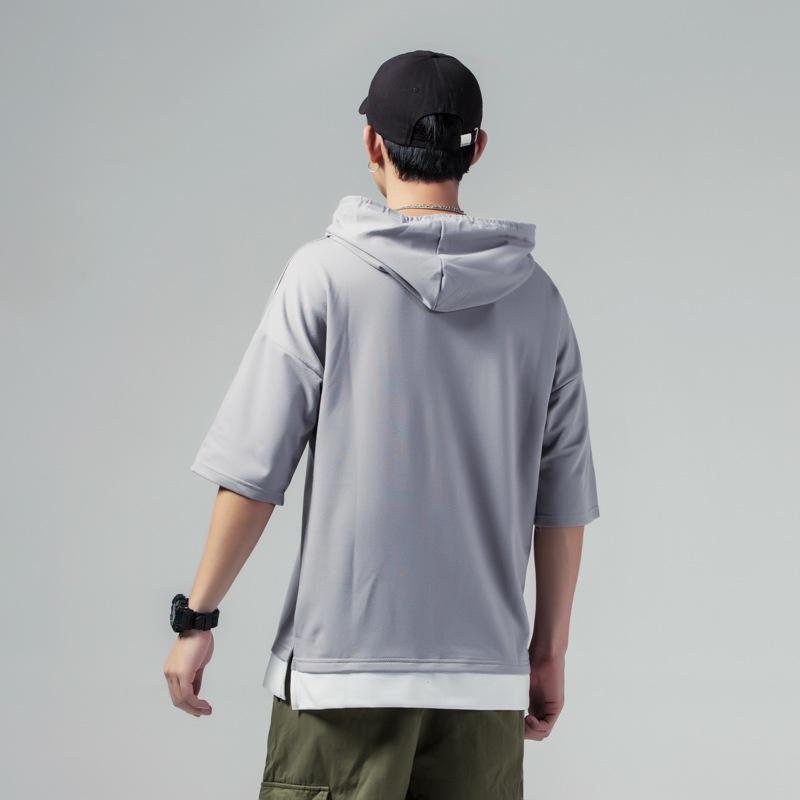 Summer Hooded T-Shirts Men Solid Short Sleeve Loose Streetwear Tees Male Vintage Casual Sports Tshirt Hooded Neck Tops Plus Size