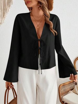 2025 Lace-Up V-Neck Long-Sleeve Top: European & American Cross-Season Casual Women's Fashion
