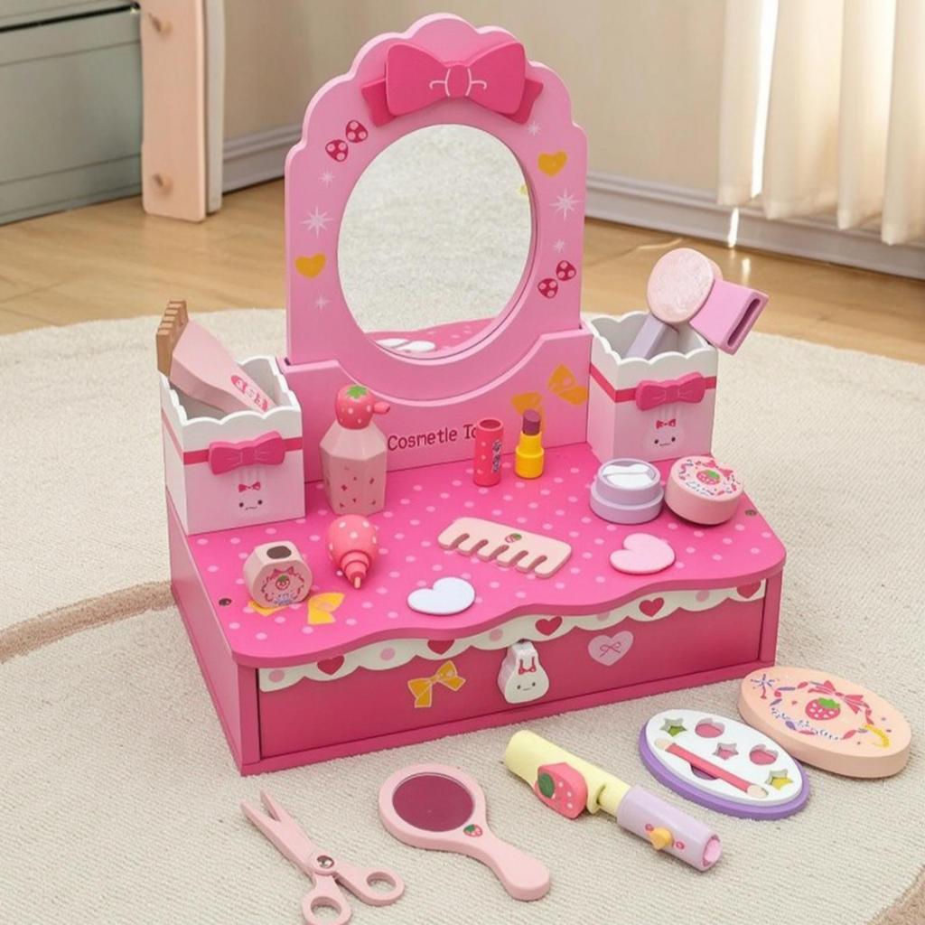 Toy Vanity with Mirror and Storage Drawer Tabletop Pretend Play Set