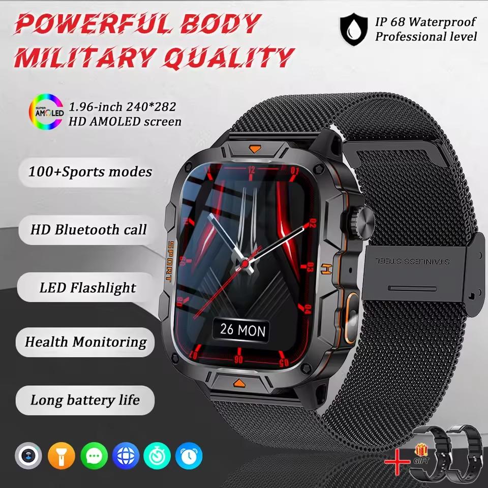 2025 New Military Grade Smart Watches Men 1.96" AMOLED 5ATM Waterproof Sports FitnessTracker BT Call Smartwatches Women For IOS
