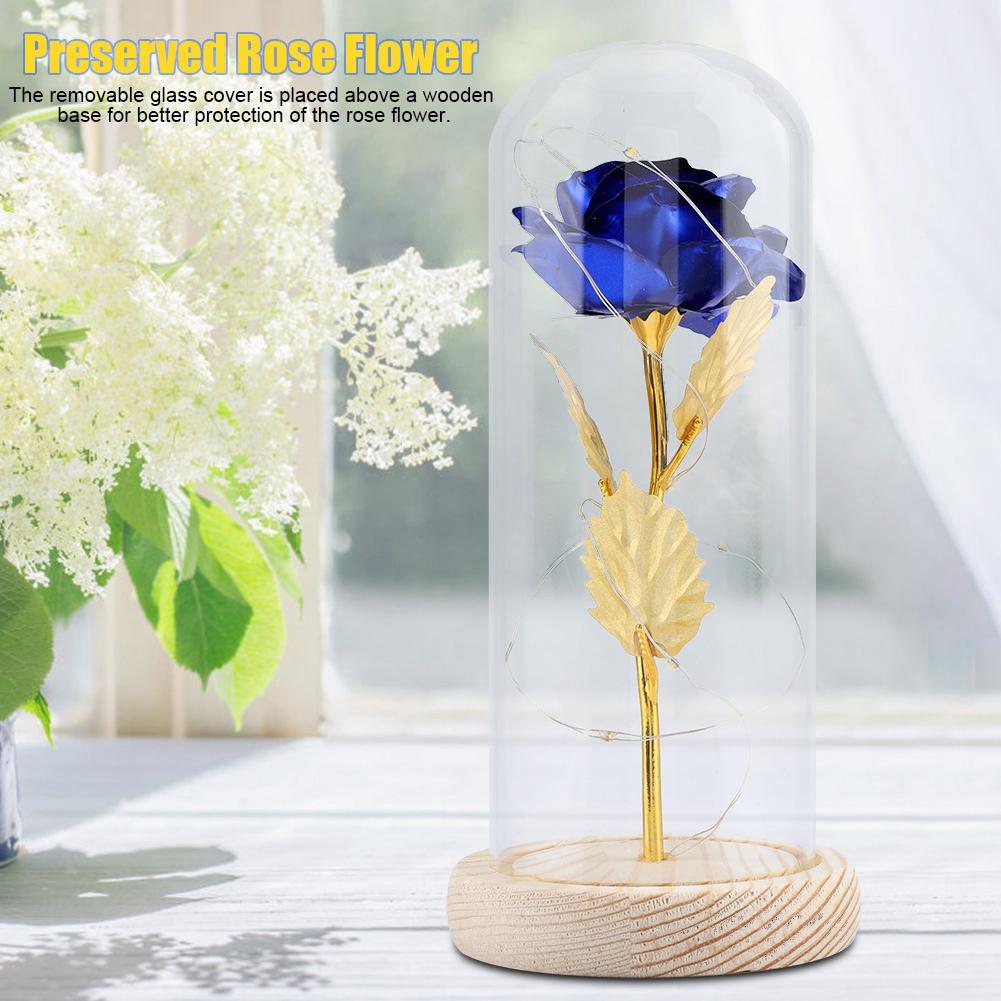 Preserved Rose Flower LED Light with Glass Cover & Wooden Base Valentines Day Wedding Gift