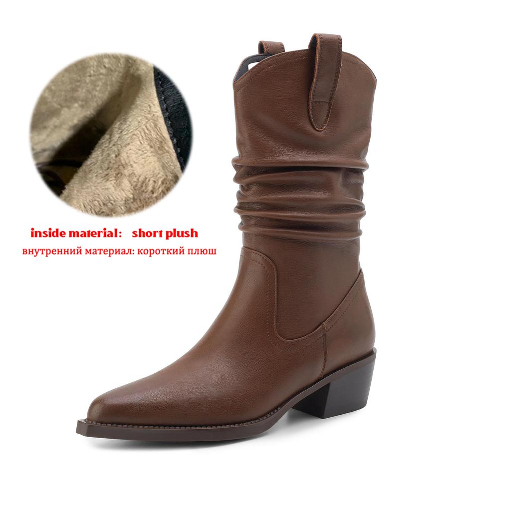 Krazing Pot Genuine Leather Autumn Winter Shoes Med Heels Size 41 Western Boots Pointed Toe Slip on Ankle Boots