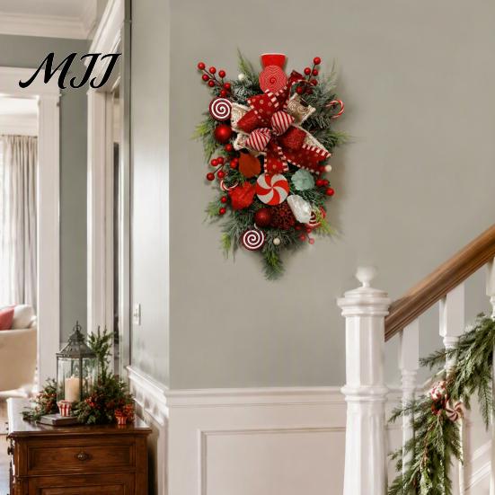 Bedroom Living Room Festive Decor Candy Cane Christmas Teardrop Swag, Red White Striped Peppermint Swag Durable Seasonal Wall Hanging Wreath for Front