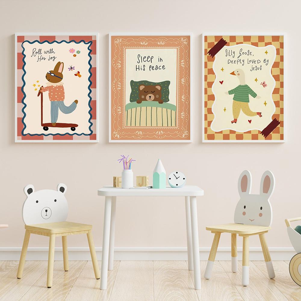 Silly Goose Deeply Loved by Jesus Nursery Wall Art Pictures Christian Nursery Decor Cute Goose Bunny Bear Poster Kids Prints