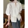 Tachibana Zhiyulun 1116 Spring and Summer New V-Neck Lace Splicing White Shirt Top Loose Age Reduction Shirt Women