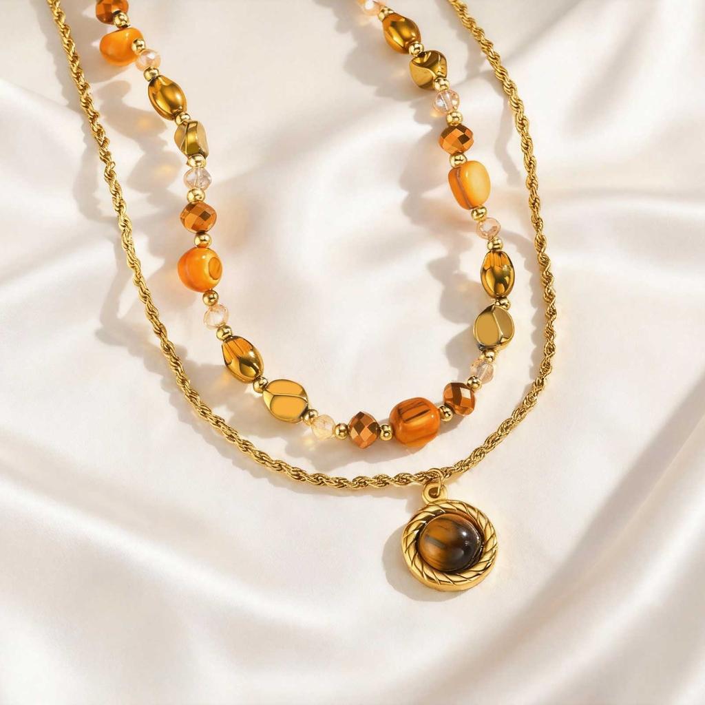 Luxury Natural Stone Pendant Maillard Beads Necklace for Women Caramel Temperament Neck Chain Charm Party Winter Jewelry Gift