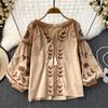 O-neck Floral Embroidery Lantern Sleeve Women Loose Camisas Ethnic Style Spring and Autumn Blouse