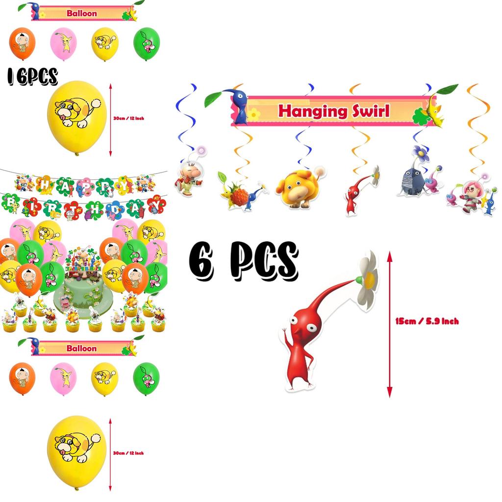 Pikmin-4 Geburtstagsparty-Dekorationsset: Papiergirlande, Luftballons, Tortenaufsatz, Cupcake-Aufsatz und mehr!