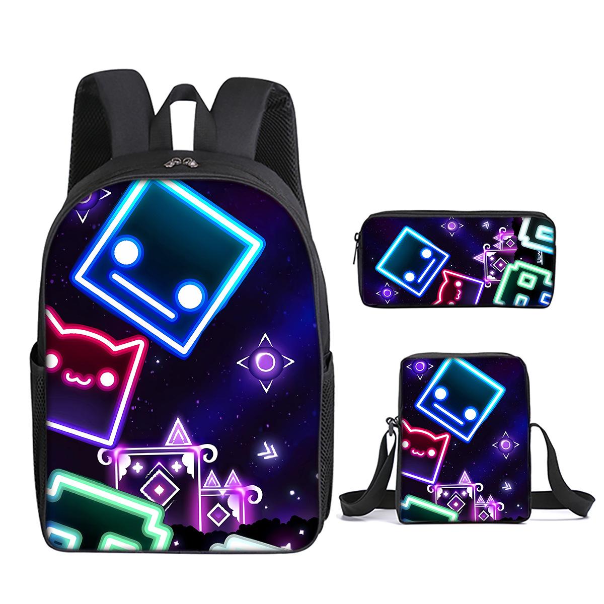 Klassiek Populair Geometry Dash 3D Geprint 3 stuks/Set leerling Schooltassen Laptop Dagrugzak Rugzak Schuin gedragen schoudertas Etui