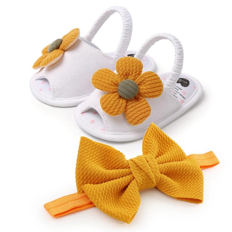Newborn Baby Girls Shoes Bow Breathable Anti-Slip Summer Shoes Sandals+Headband 0-18M