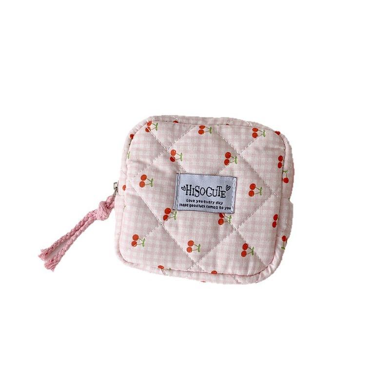 Travel Mini Cosmetic Storage Bag Women Cute Cherry Print Lipstick Key Pouch Student Portable Sanitary Napkin Organizer Case