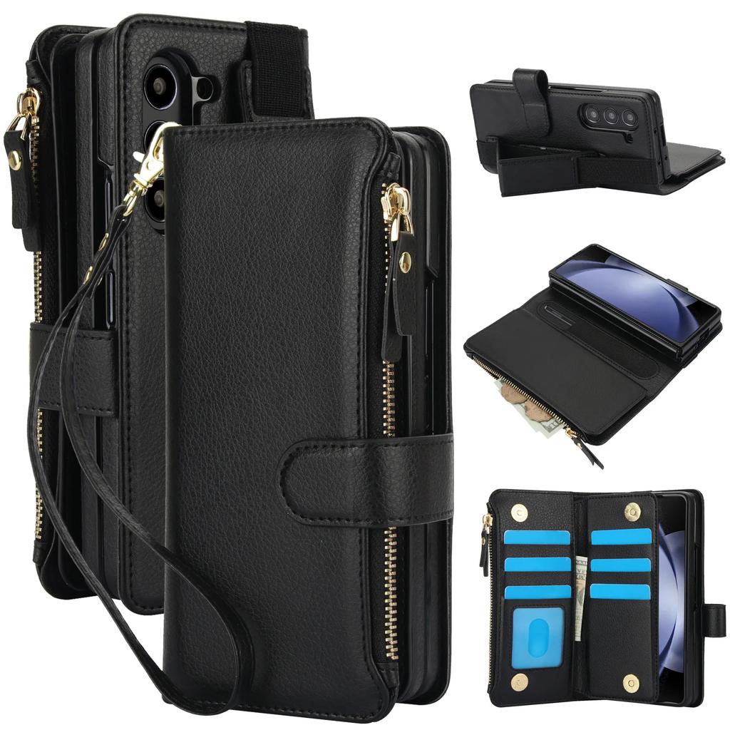 Crossbody Lanyard Leather Phone Case for Samsung Galaxy Z Fold 3 4 5 6 7 with Wristband Wallet Card Holder Protective Cover