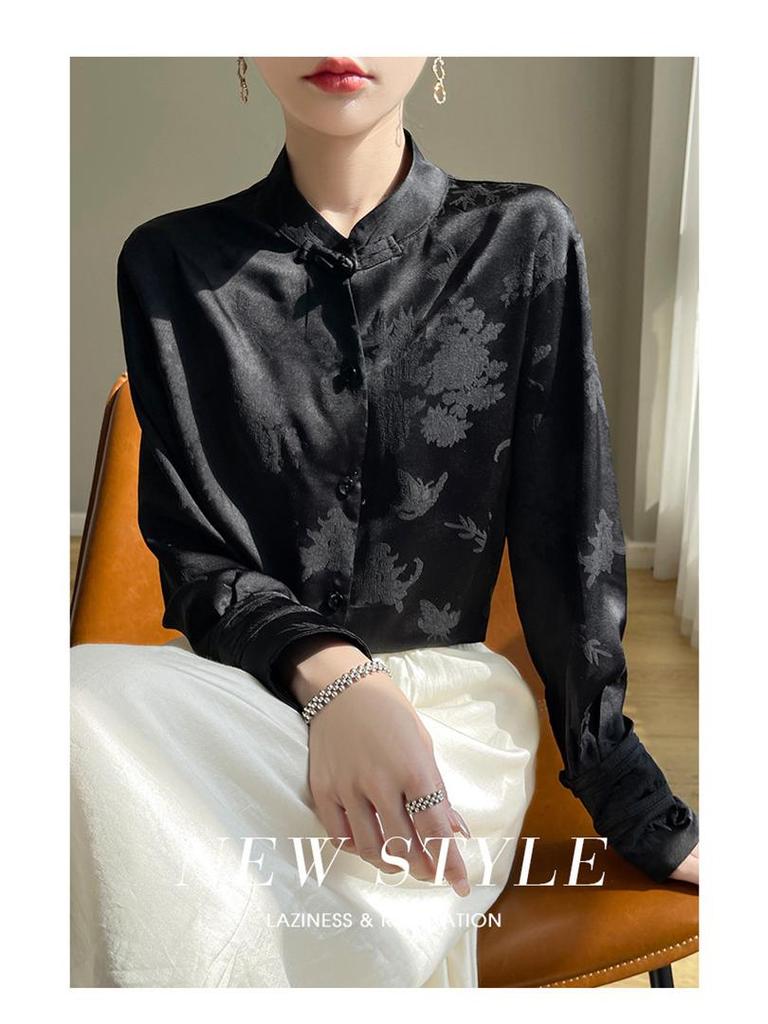 Women's Summer Stand Collar Jacquard Shirt in Solid Color Silk Satin