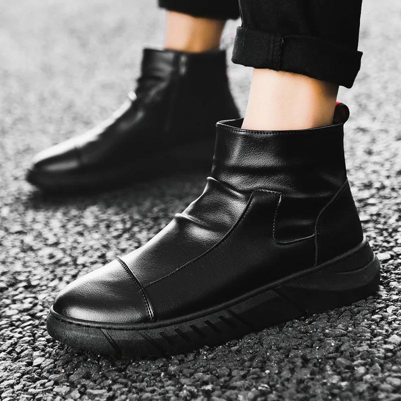 Fashion Men Chelsea Boots Slip-on Waterproof Ankle Boots Retro Black Men Fashion Boots Motorcycle Shoes Plus Size 44