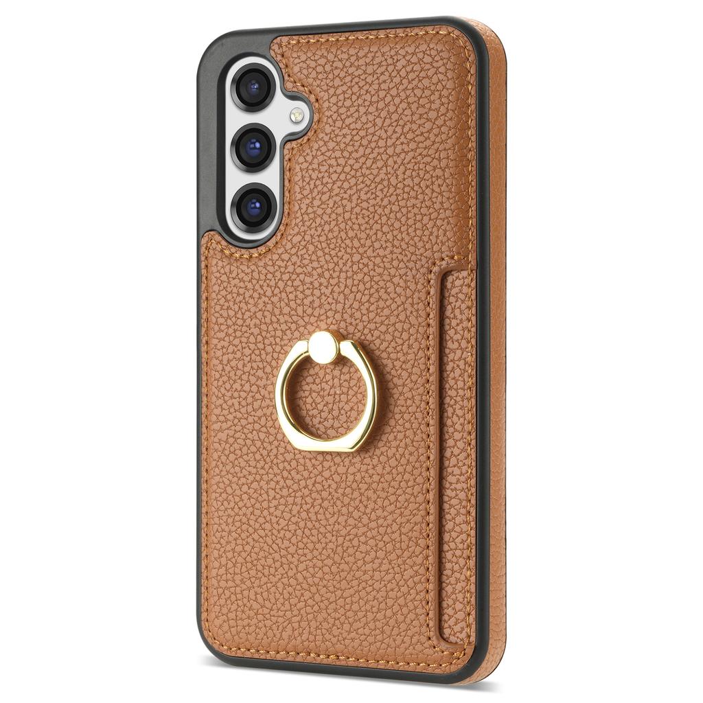 For Samsung Galaxy S23 FE Finger Ring Kickstand Phone Case PU Leather+TPU Card Holder Cover