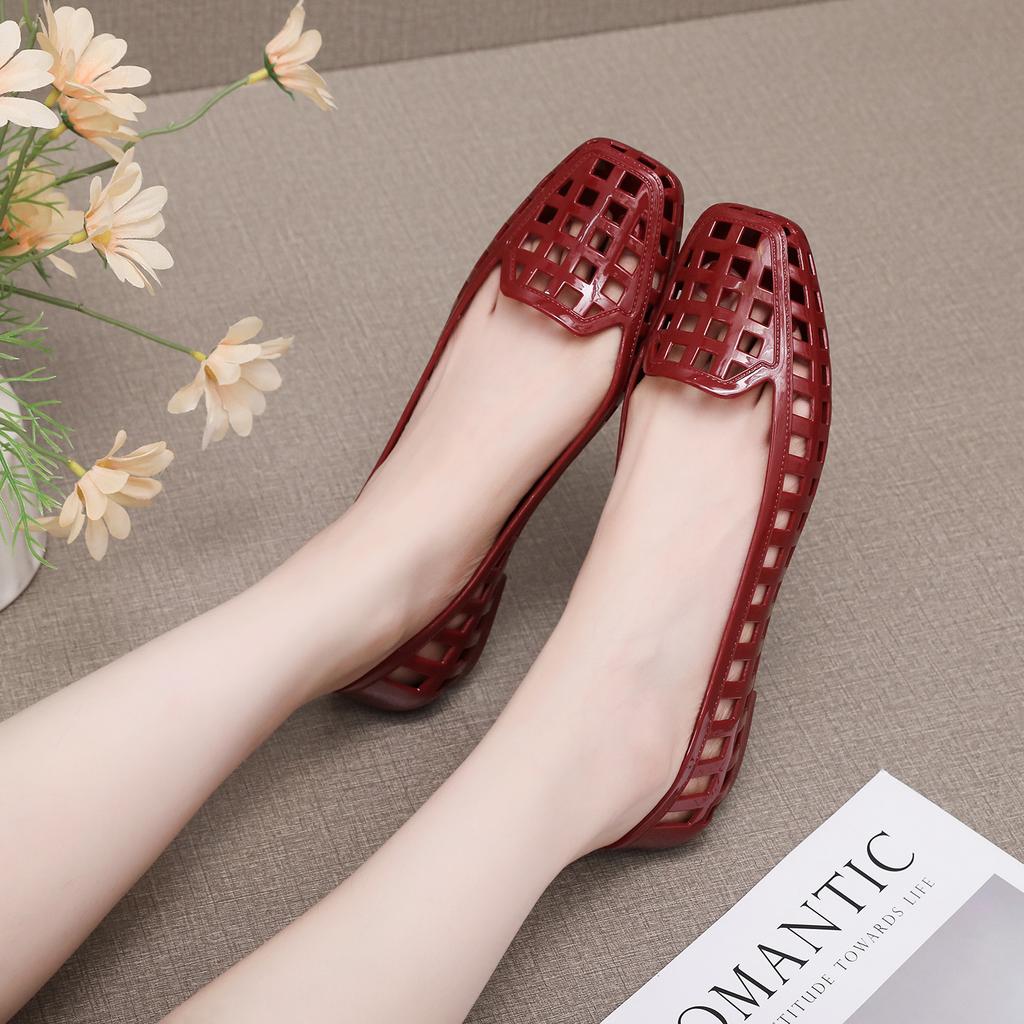 Square Head Flat Bottom Sandals Women's Summer Outer Wear Hollow Bag Bag Heel Jelly Shoes Beautiful Small Heel Shallow Mouth Fashion Shoes