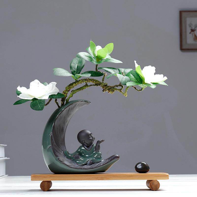 Zen Monk Ceramic Art Figurine Home Office Desk Decor Wooden Craft Vase Gift