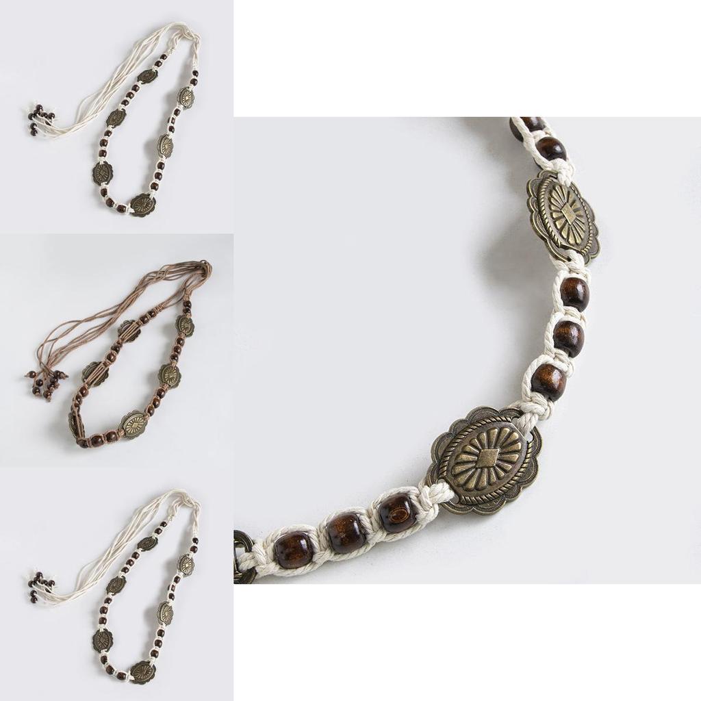 Bohemian Style Metal And Wooden Bead Decor Women Woven Belt For Casual Summer Vacation