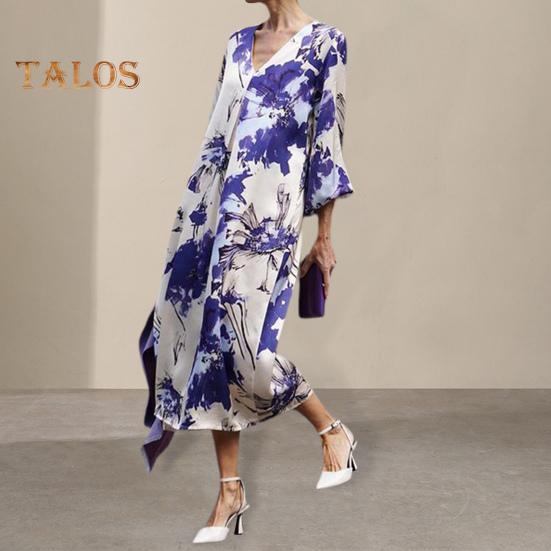 

Лето-осеннее женское платье с v-образным вырезом и длинными рукавами, контрастный цветной принт, свободный пуловер длиной до середины икры, вечерние покупки, коммутирующее платье миди S