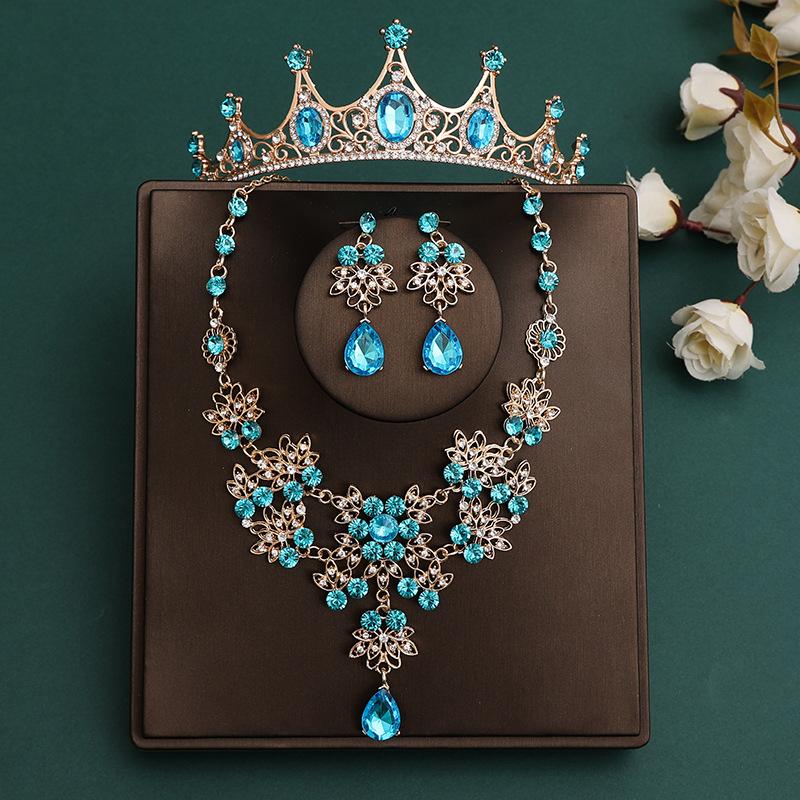 DIEZI Korean Sky Blue Crystal Crown Women Girls Headwear Luxury Bridal Bride Tiaras Necklace Earrings Wedding Party Jewelry Sets