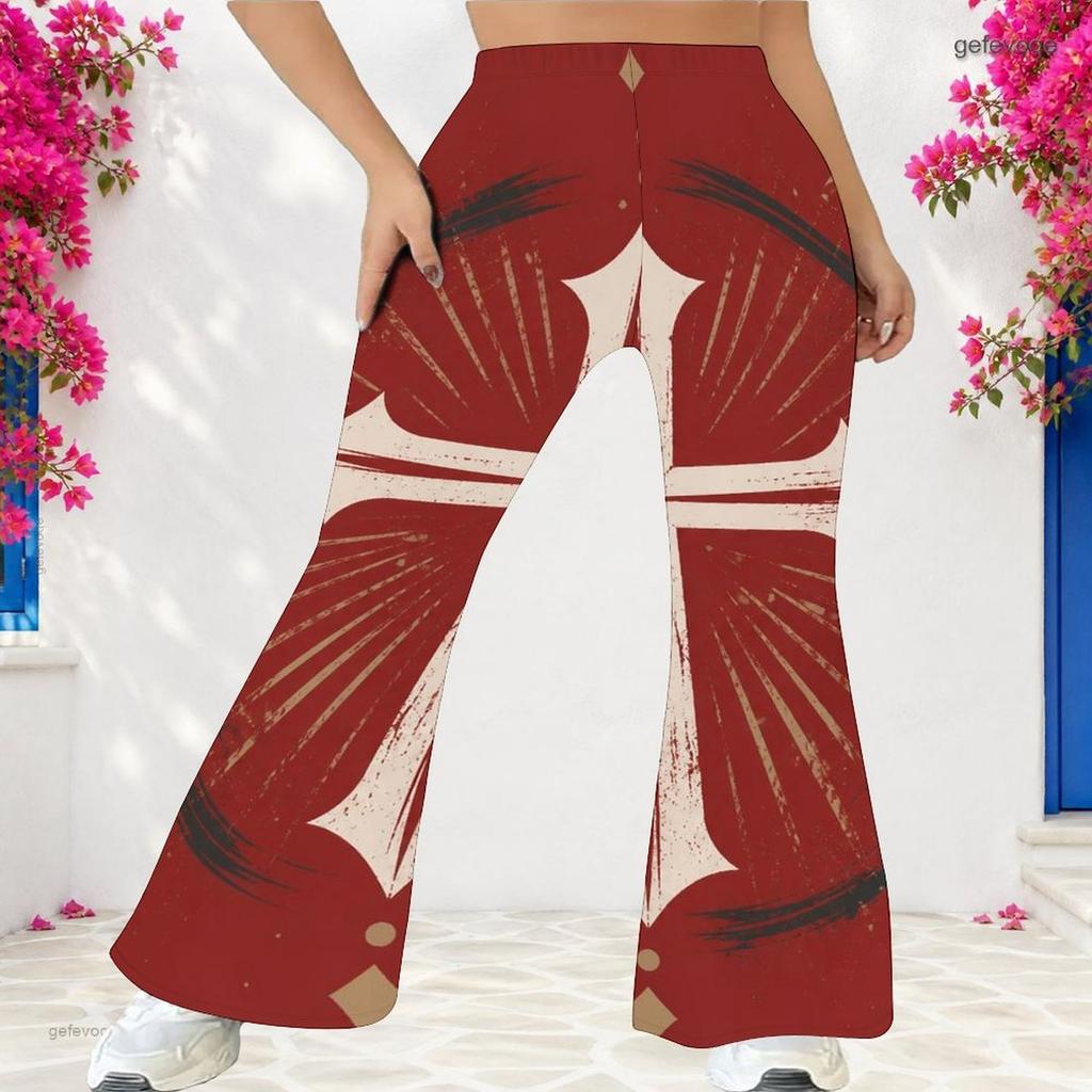 Women Plus Size High Waist Red Blue Star Printed Full Length Flared Pants