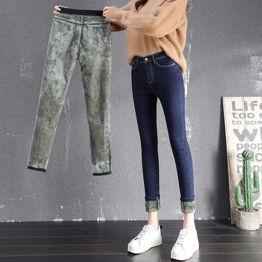 Fashion Women Plus Size Plus Velvet Elastic High Waist Casual Jeans Pencil Pants