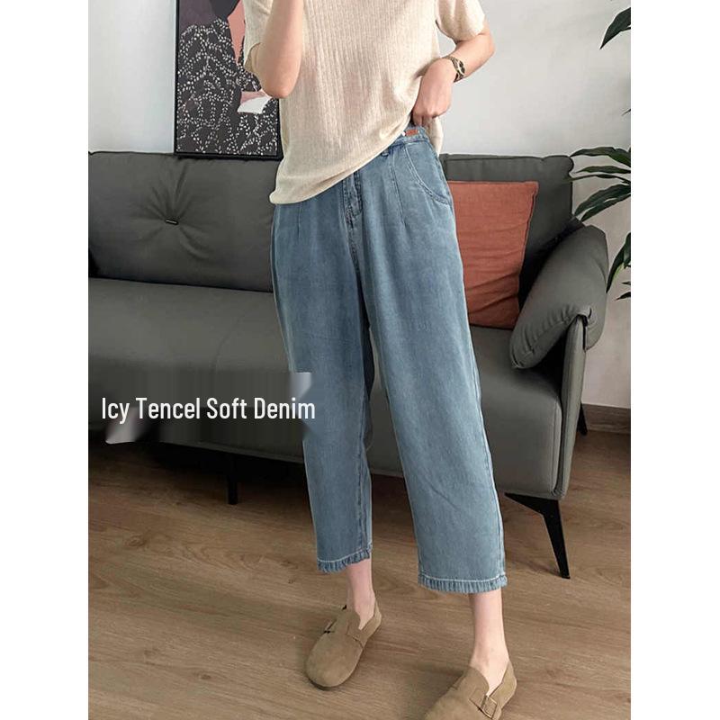 

Женские летние джинсы гаремы больших размеров из тенселя - С высокой талией, Слим, Ледяной шелк, Широкие брюки L синий