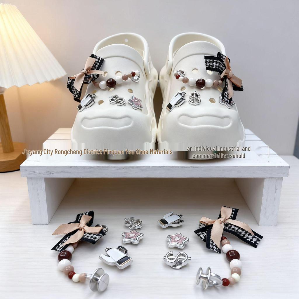 Black Bow Pearl Chain Clog Charm Set - Removable Shoe Buckles & DIY Flower Accessories