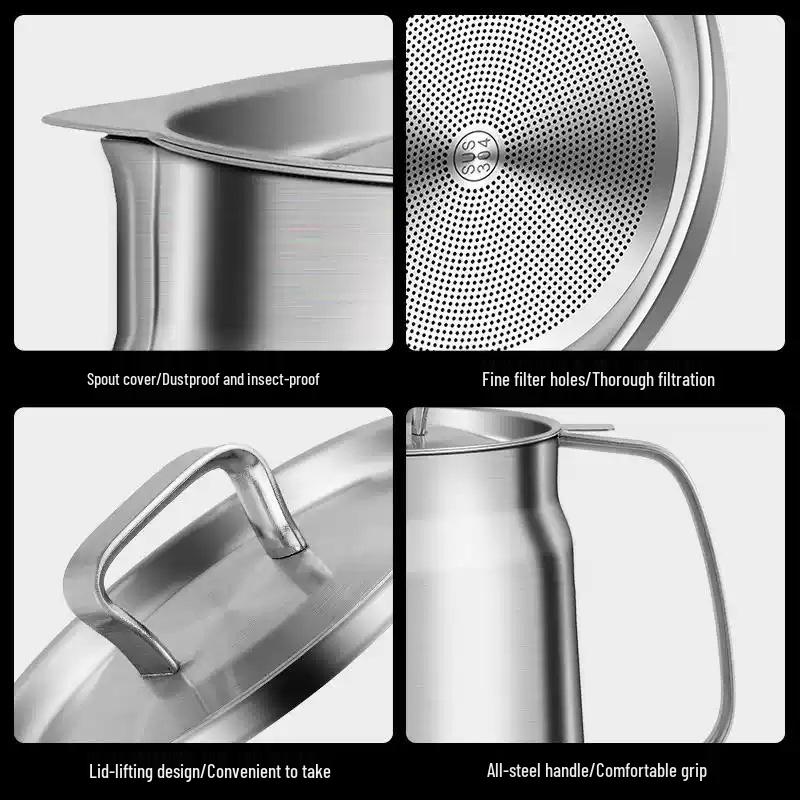 304 Stainless Steel Oil Filter Pot with Screen - Large Capacity Oil Storage & Residue Filtering Bottle