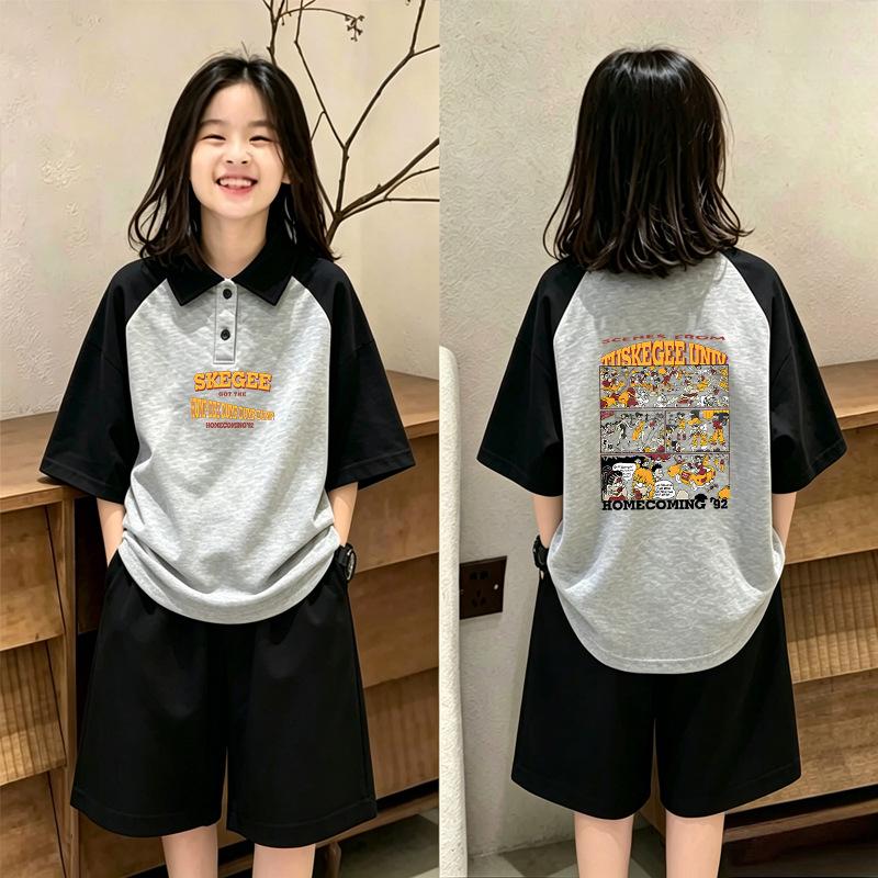 Girls' Loose Lapel Short-Sleeve Patchwork Polo T-Shirt Set - Summer Fashion for Medium & Large Children