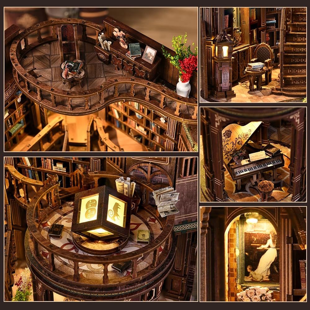 CRESYMME Miniature House Dollhouse Book Nook Kit Wooden DIY 3D Craft Classical Library