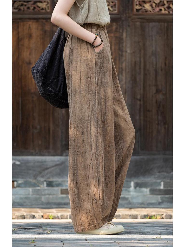 Women's Hemp Tie-Dye Distressed Lantern Pants: Cotton & Linen Zen Meditation Wear 26