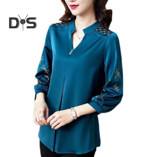 

Женский весенний топ из атласа, однотонный ретро-вышивка в стиле пэчворк, V-образный вырез, рукав три четверти, большие размеры, элегантный стиль для мам 5XL синий