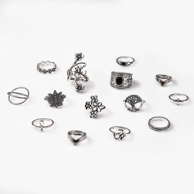 Retro European and American Lotus Hollow Black Gemstone Ring Set (14 Pieces)