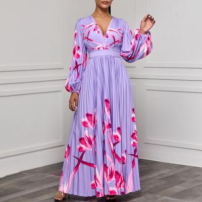 New Women's V-neck Long-sleeved Slimming Printed Pleated Long Dress Temperament
