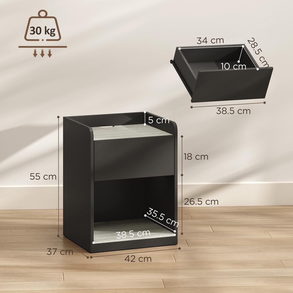 Modern Bedside Table, Slim Nightstand with Drawer, Shelf and Cable Holes, Black and Grey Wood Effect