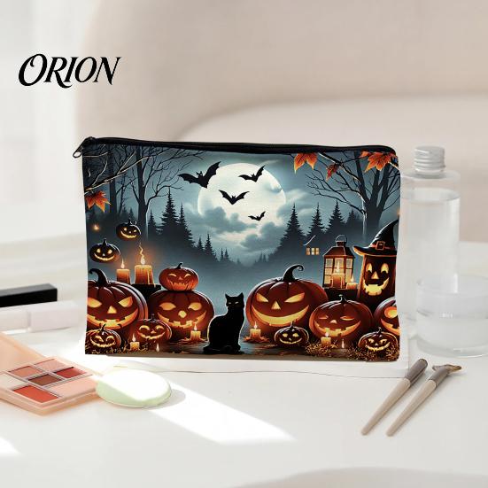 Heavy-duty Canvas Pouch Storage Bag, with Smooth Zipper, Thickened Polyester Large Capacity Thick Bag Cosmetic Halloween Witch Pumpkin Pattern Printed