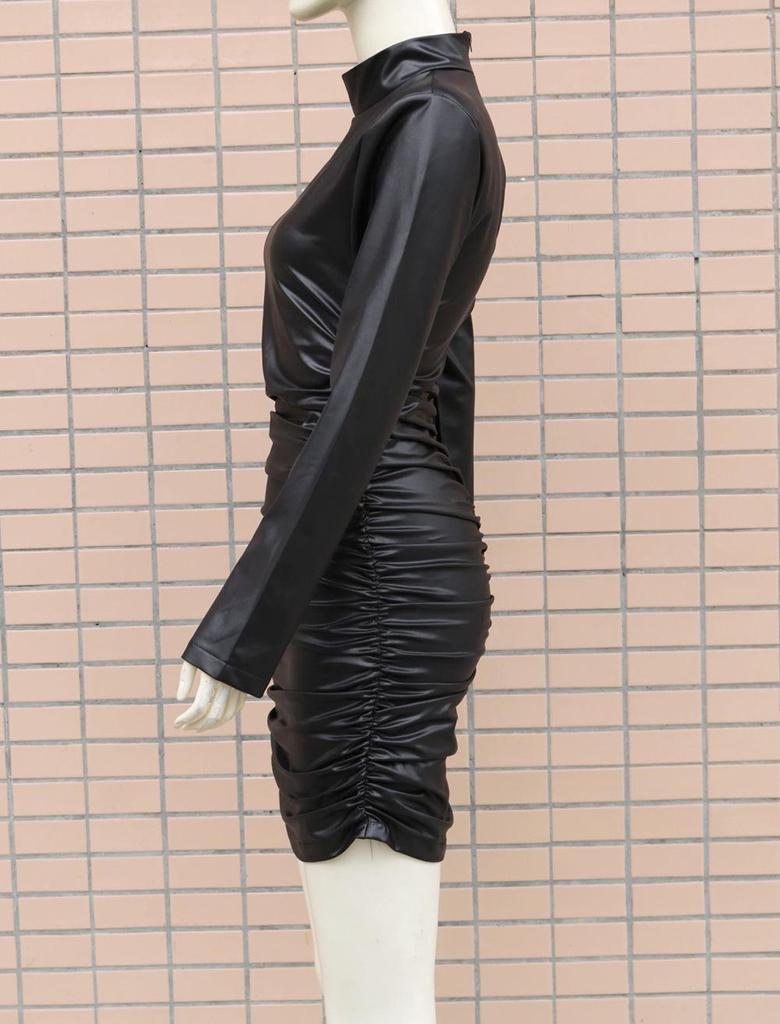 2022 Women's Faux Leather Stand-up Collar Pleated Bodycon Dress - European & American Fashion