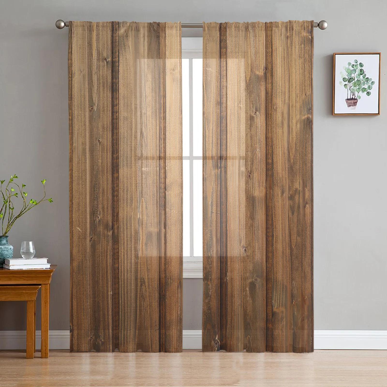 

Planks Shabby Retro Wood Brown Translucent Drapes Living Room Window Tulle Drapes For Bedroom Space Kitchen Area Home Decoration Voile Curtains W135 x H115cm x1&Rod Pocket