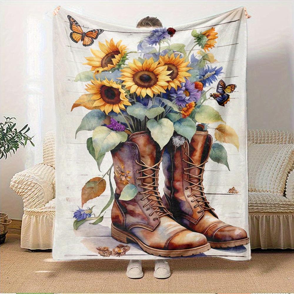 

For Boots,Sunflowers,Butterflies-Themed Flannel Blanket, Glam Style, Digital Print, All-Season Comfort, Tear-Resistant, Knitted Craftsmanshi 150x180cm