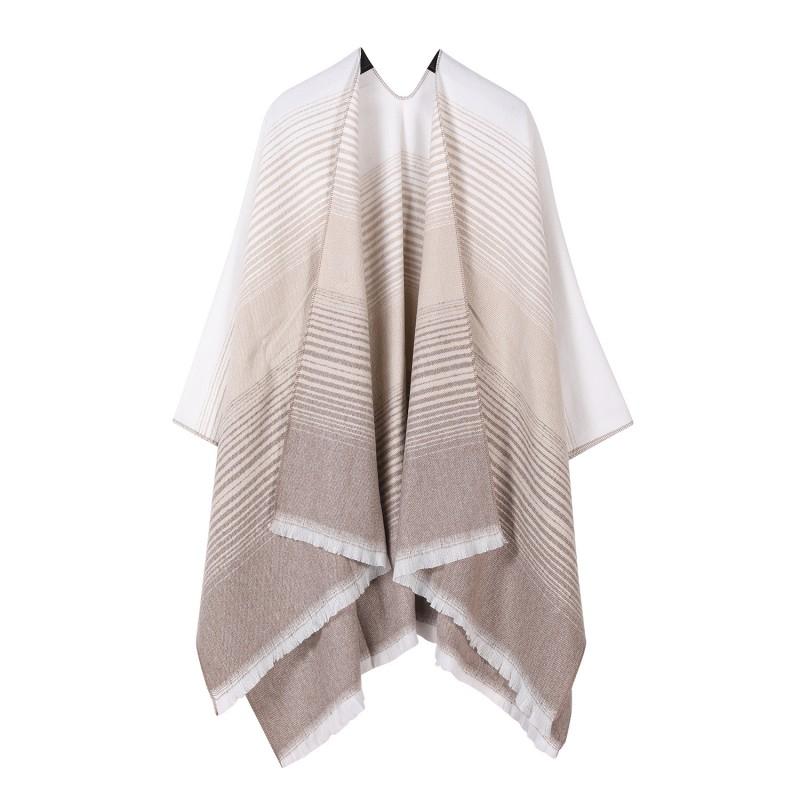 Womens Knitted Faux Cashmere Shawl Wrap With Contrast Stripe Trim Unisex Lightweight Warm Scarf Fall Winter