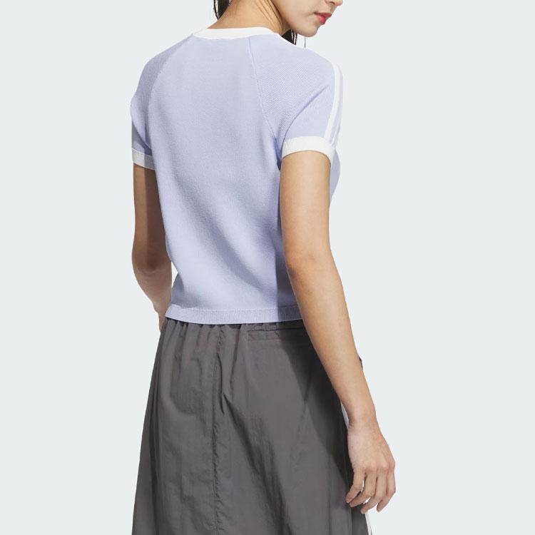 Adidas Originals Knit T-Shirt with Brand Logo, Color Block, Striped, Crew Neck, Slim Fit Women Tops Light-Purple JI7050